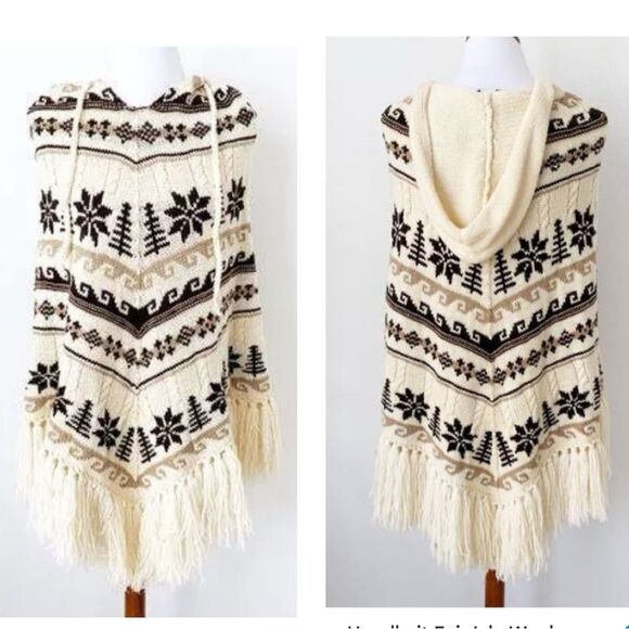 J. Crew Hand-knit 100% Wool Fair isle Motif Fringe Hooded Poncho One Size - Picture 1 of 13